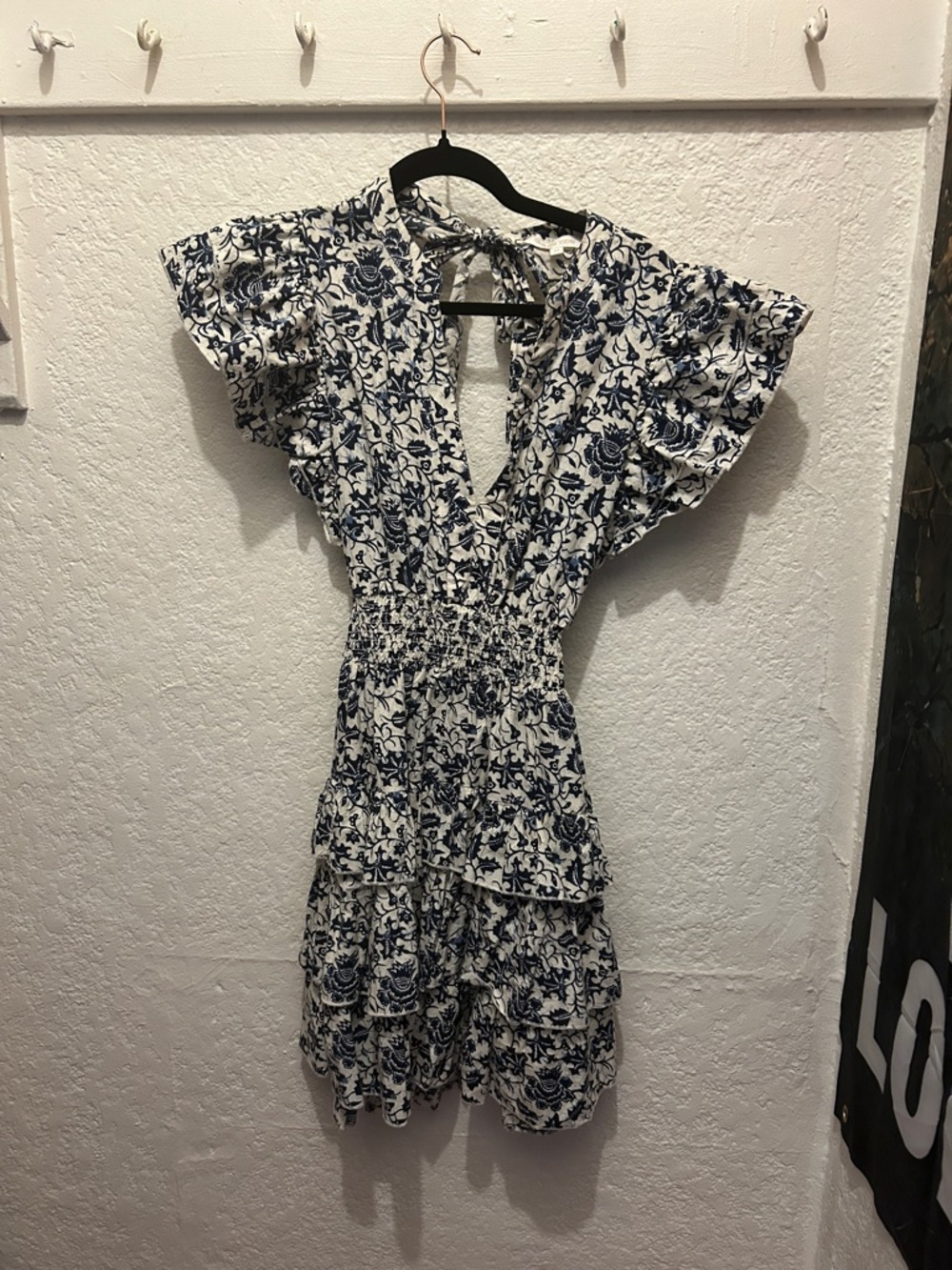 Navy Floral Smocked Mini Dress with Ruffle Sleeves